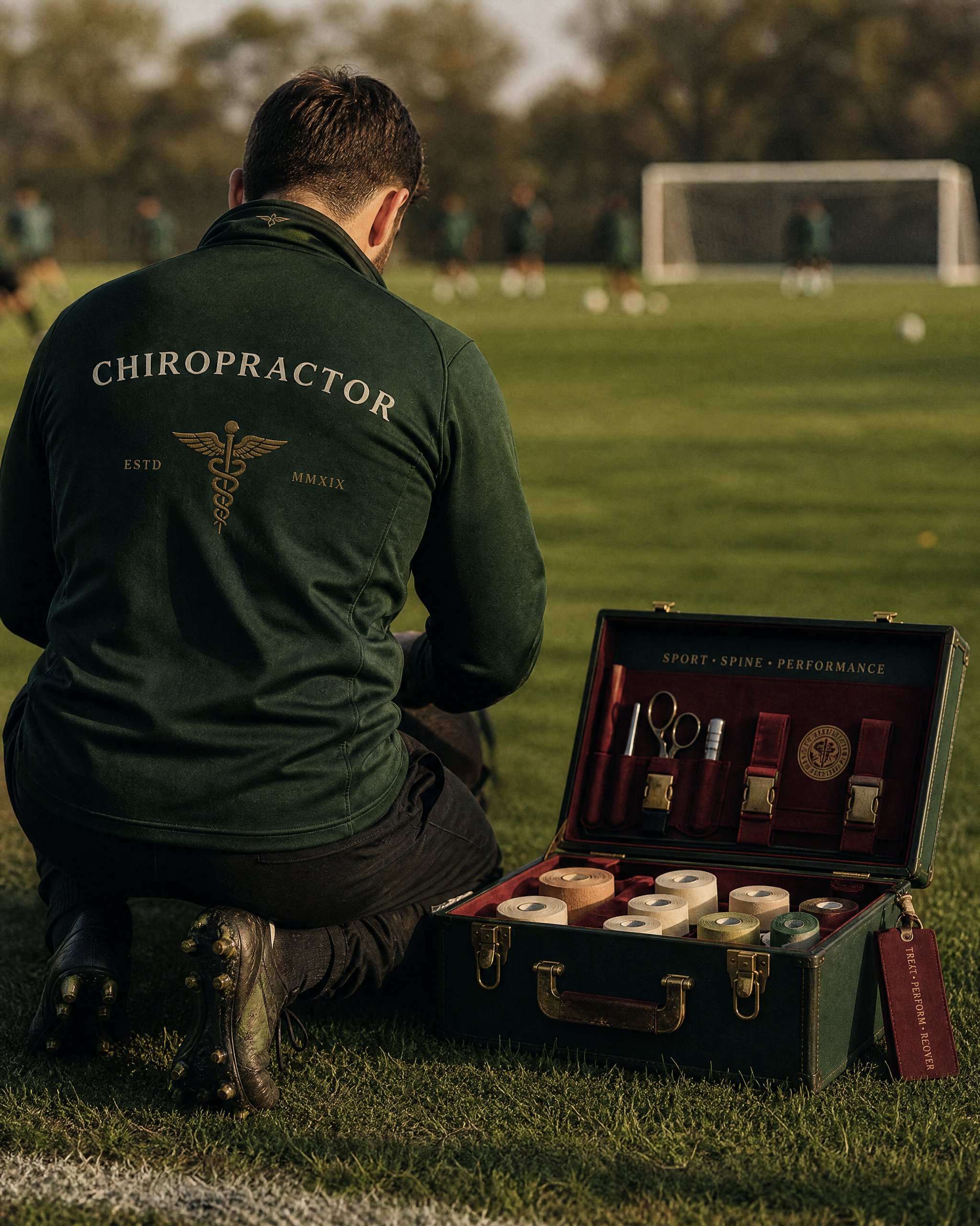 Dr. Adam Maurer kneeling on the soccer pitch with his chiropractic field kit
